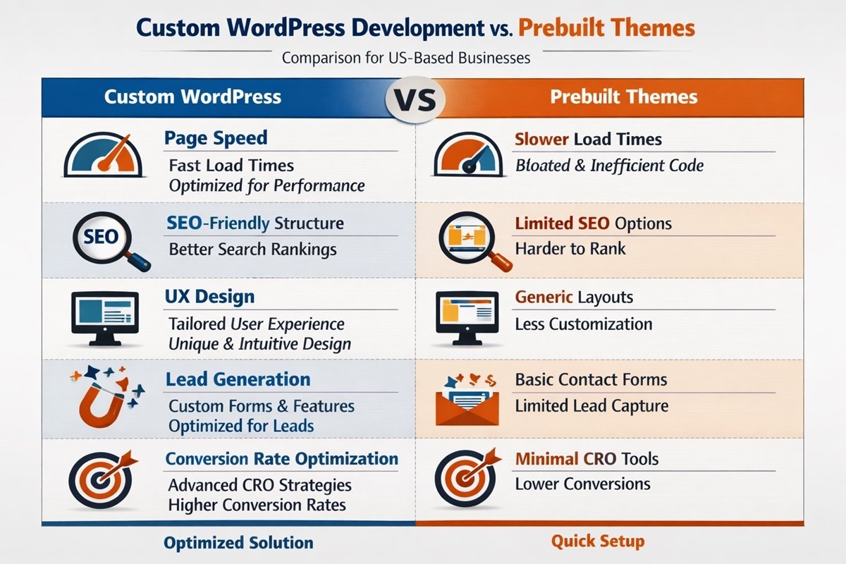 Comparison chart of custom WordPress development vs prebuilt themes for conversions