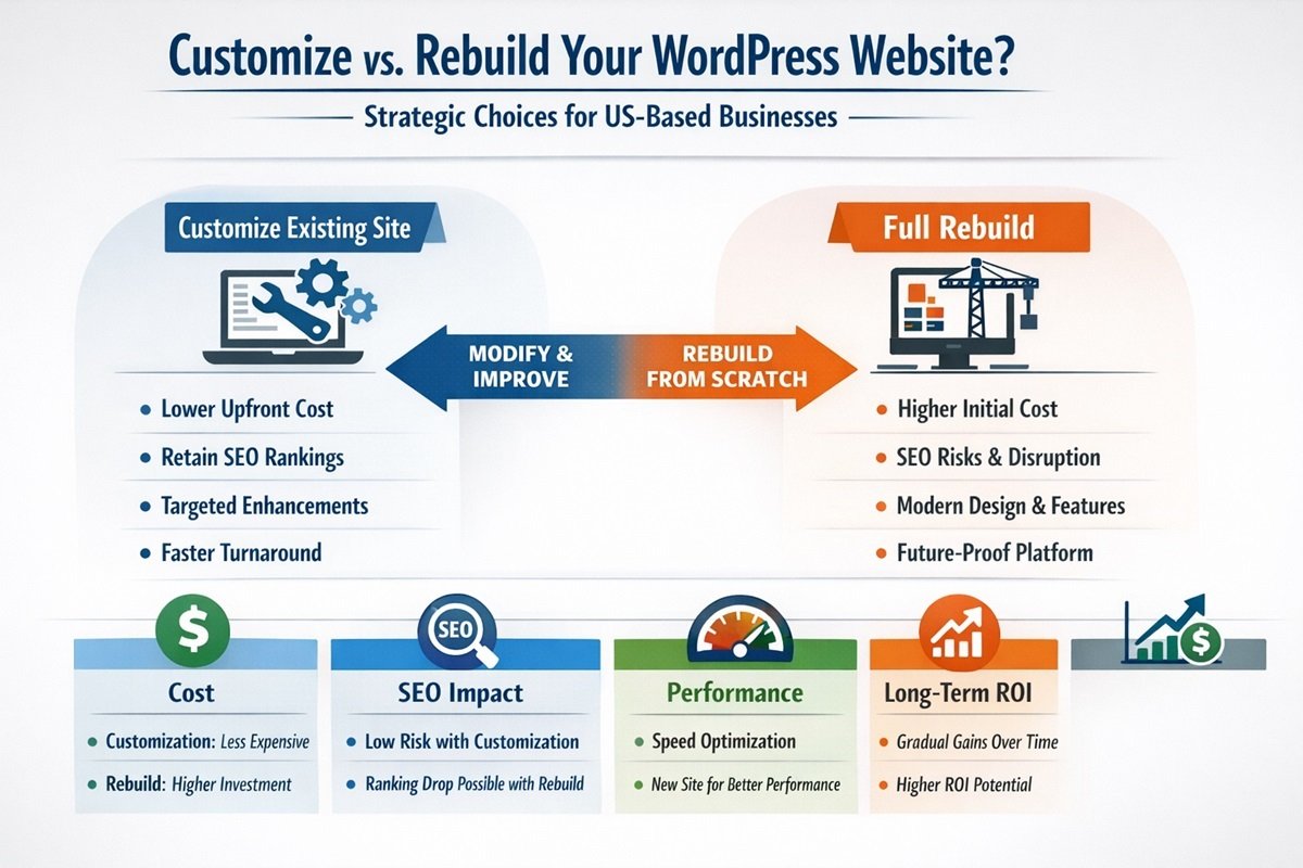 Strategic comparison of WordPress customization vs rebuilding a website for business growth